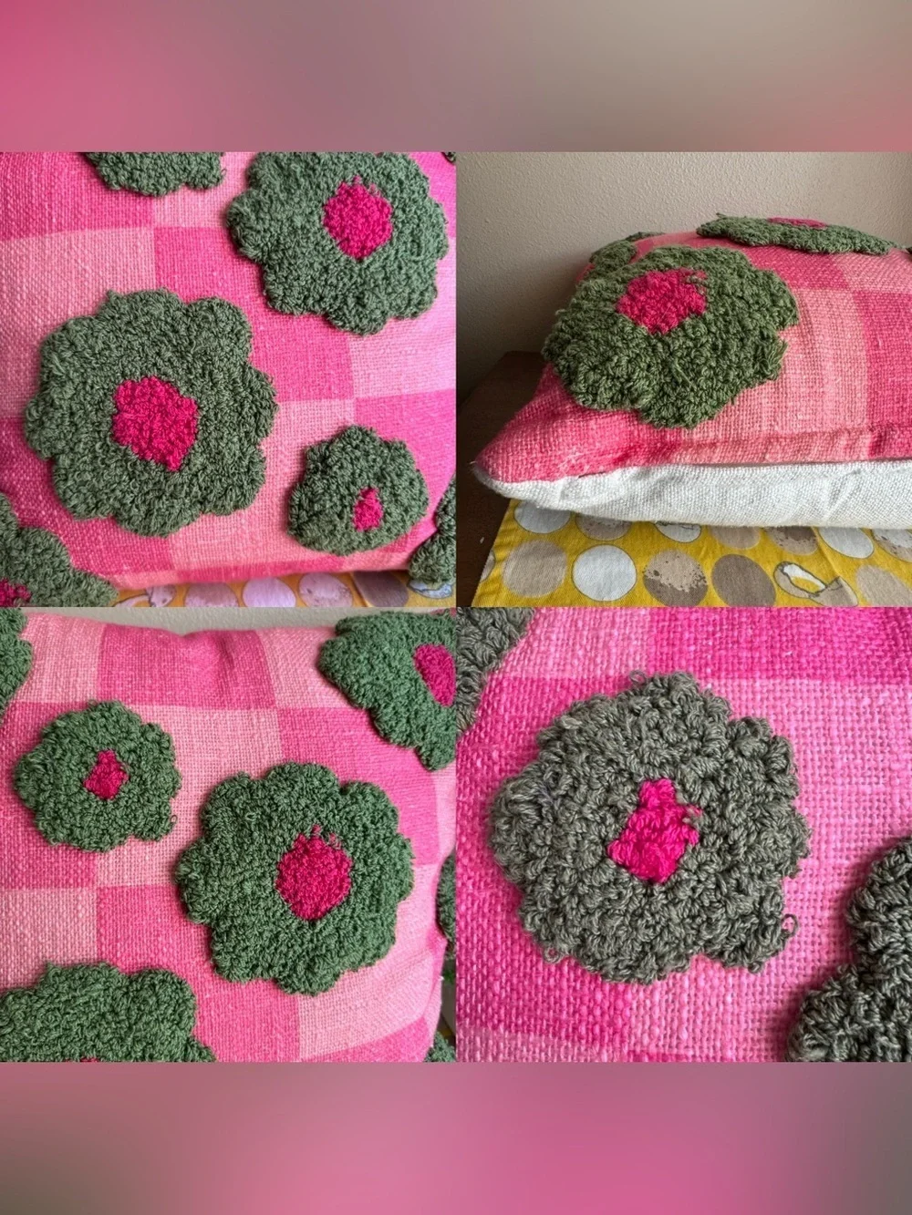 Tuft checkerboard green and pink floral pillow